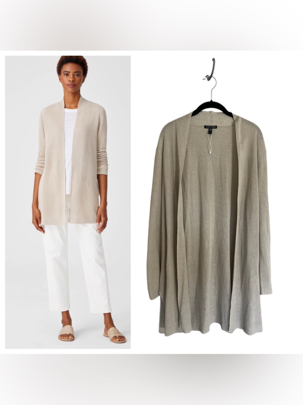 New Eileen Fisher long organic linen cotton open cardigan beige sz L coastal
